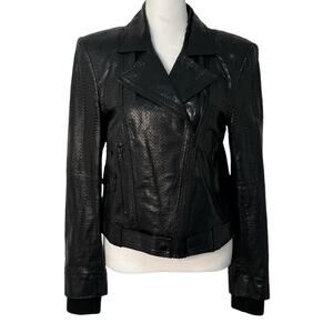 Alice + Olivia Lamb Leather Python Moto Jacket Black Asymmetrical Zip Pockets M